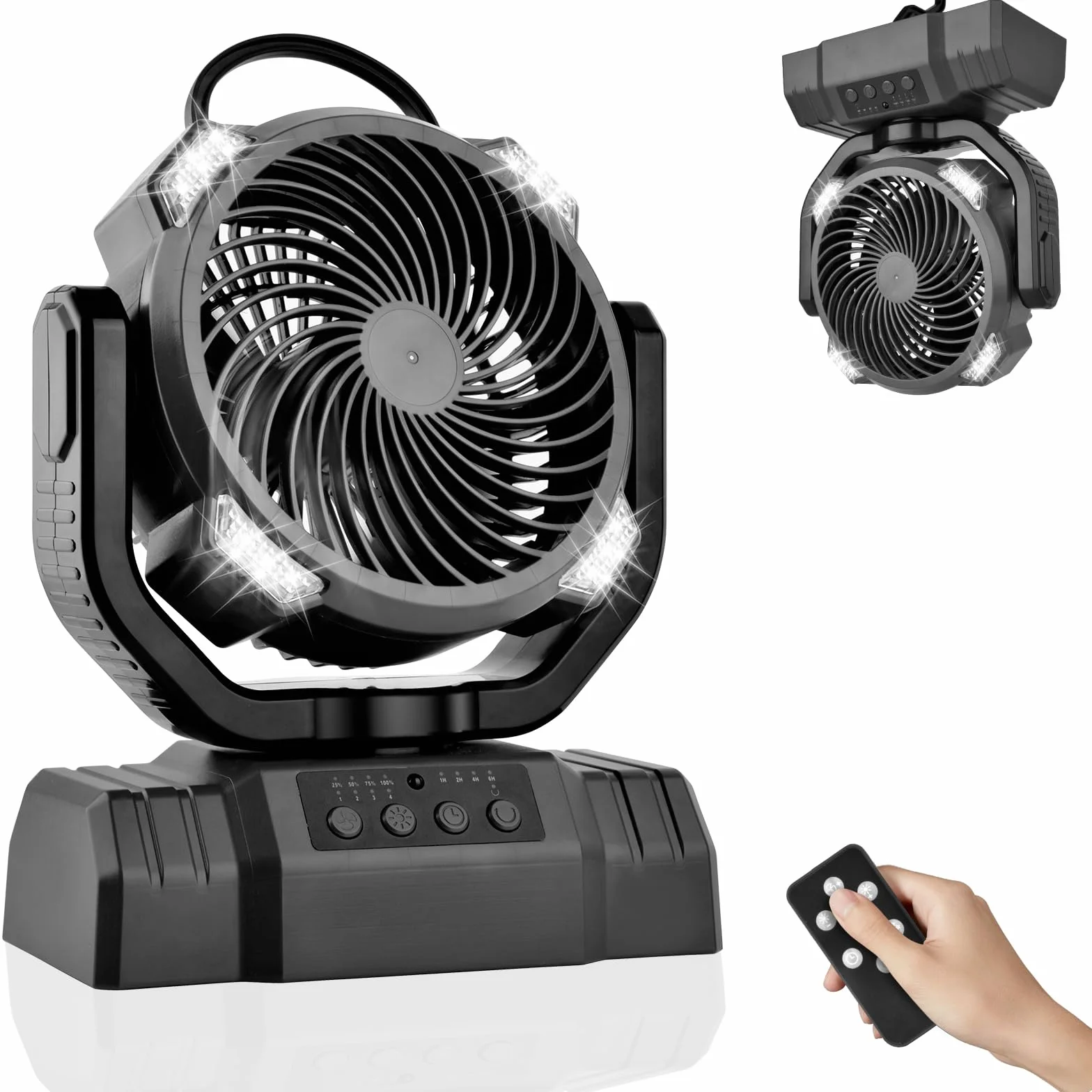 Timiyou Ventilatore da campeggio, 10000 mAh, molto silenzioso con luce, telecomando, power bank, 4 velocità, gancio, timer, ventilatore USB per esterni, campeggio, picnic, barbecue, pesca, ufficio