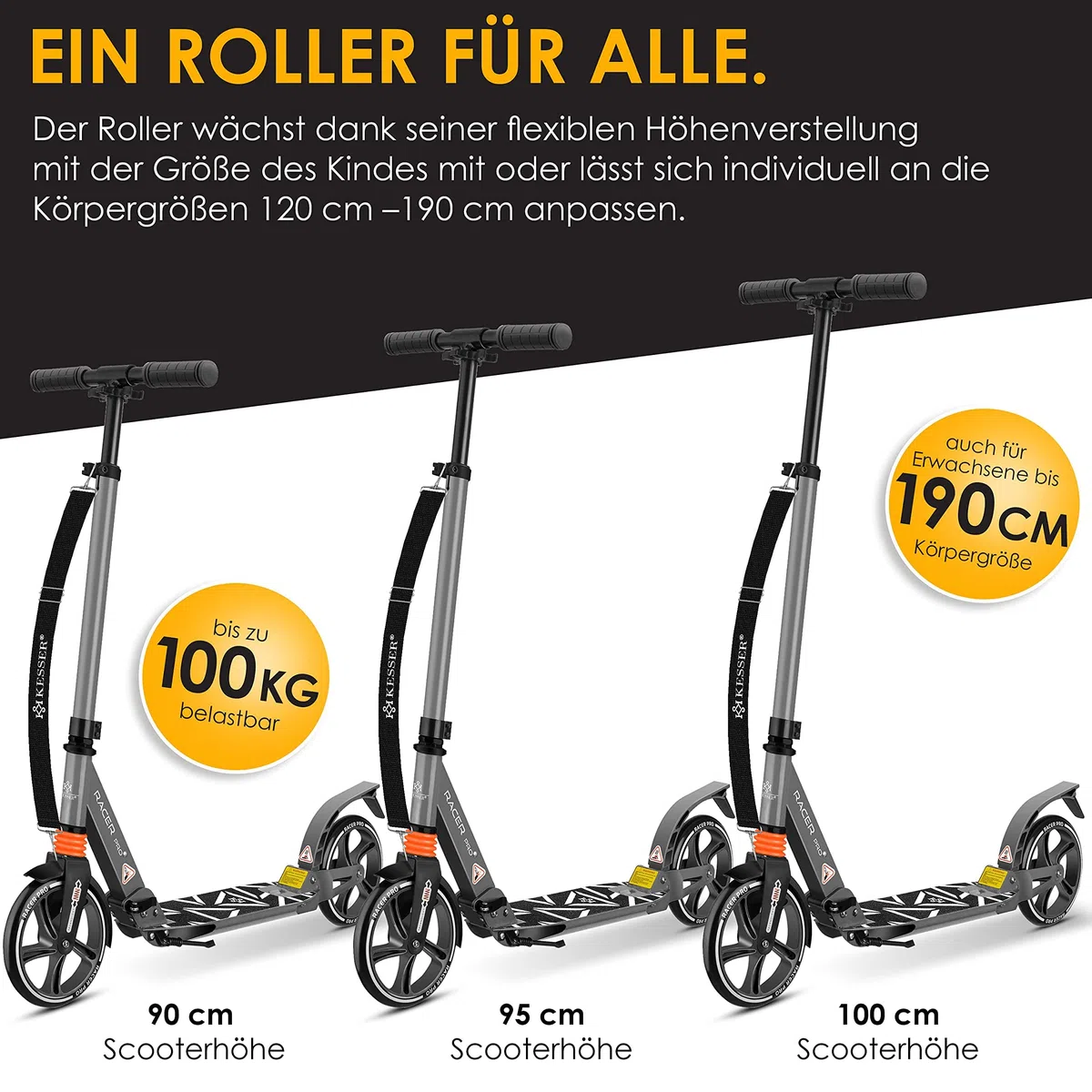 KESSER® Monopattino Cityroller Scooter Ruote da 205 mm PU Big Wheel - PRO-S con Doppia Sospensione, Scooter da Città Pieghevole e Regolabile in Altezza, Monopattino per Adulti e Bambini