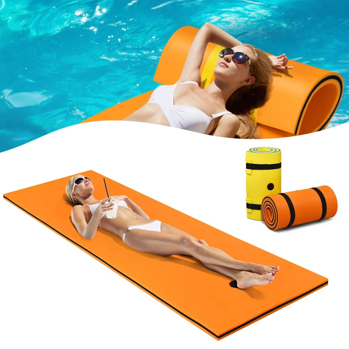 RELAX4LIFE Materasso Galleggiante Singolo, Stuoia Galleggiante in Schiuma XPE Morbida e Liscia, Lettino d’acqua Imbottito Prendisole, per Mare e Piscina, 210x66x3,5 cm (arancione)