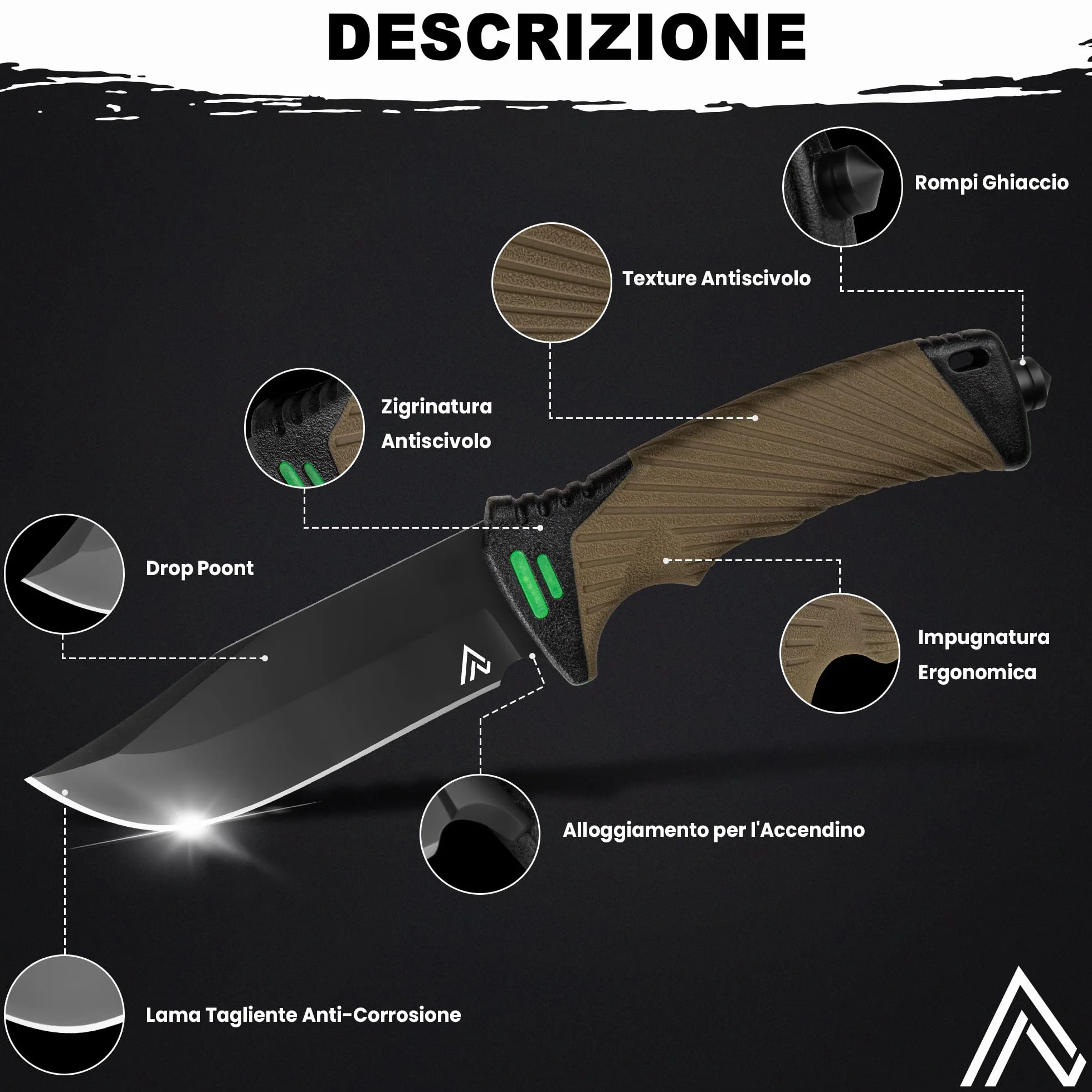 naifu® - The Hunter X - MARONNE - Coltello sopravvivenza a lama fissa da 12 cm in acciaio inossidabile - Coltello da caccia - Sopravvivenza - Bushcraft - Accendino e affilatore inclusi