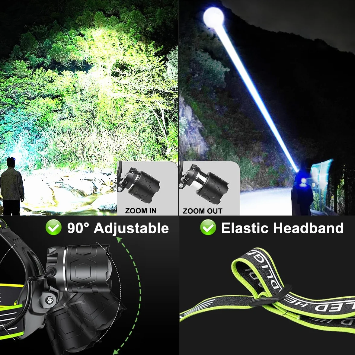 Torcia Frontale LED Ricaricabile 90000 Lumen 9000mAh 5 Modalità Luce Regolabile con Retroilluminazione per Campeggio, Pesca, Jogging