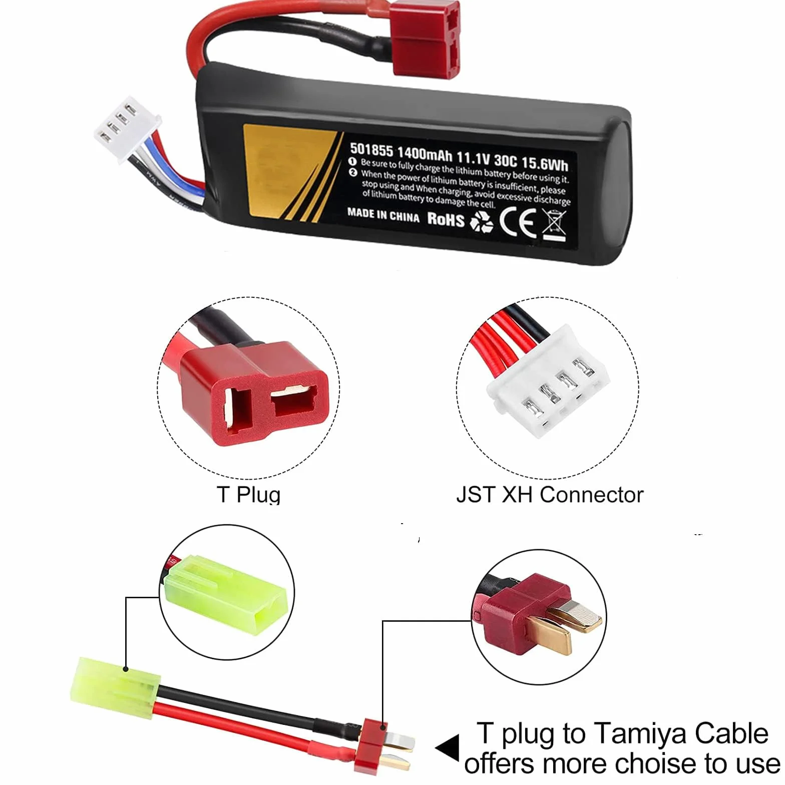 Batteria Airsoft 11.1V 3S 30C 1400mAh LiPo Ricaricabile con Presa T e Mini Tamiya 2 Pezzi