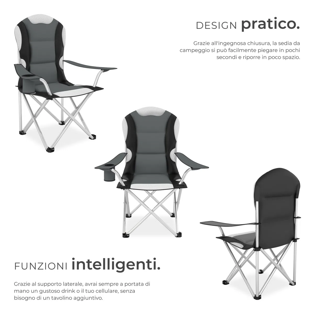 tectake® 2 Sedie da Campeggio Pieghevole, Comoda Imbottitura, Sedie Relax con Tessuto a Rete per Ventilazione, Bracciolo con Porta Bevande Incorporato, Pratica Borsa Inclusa - Grigio