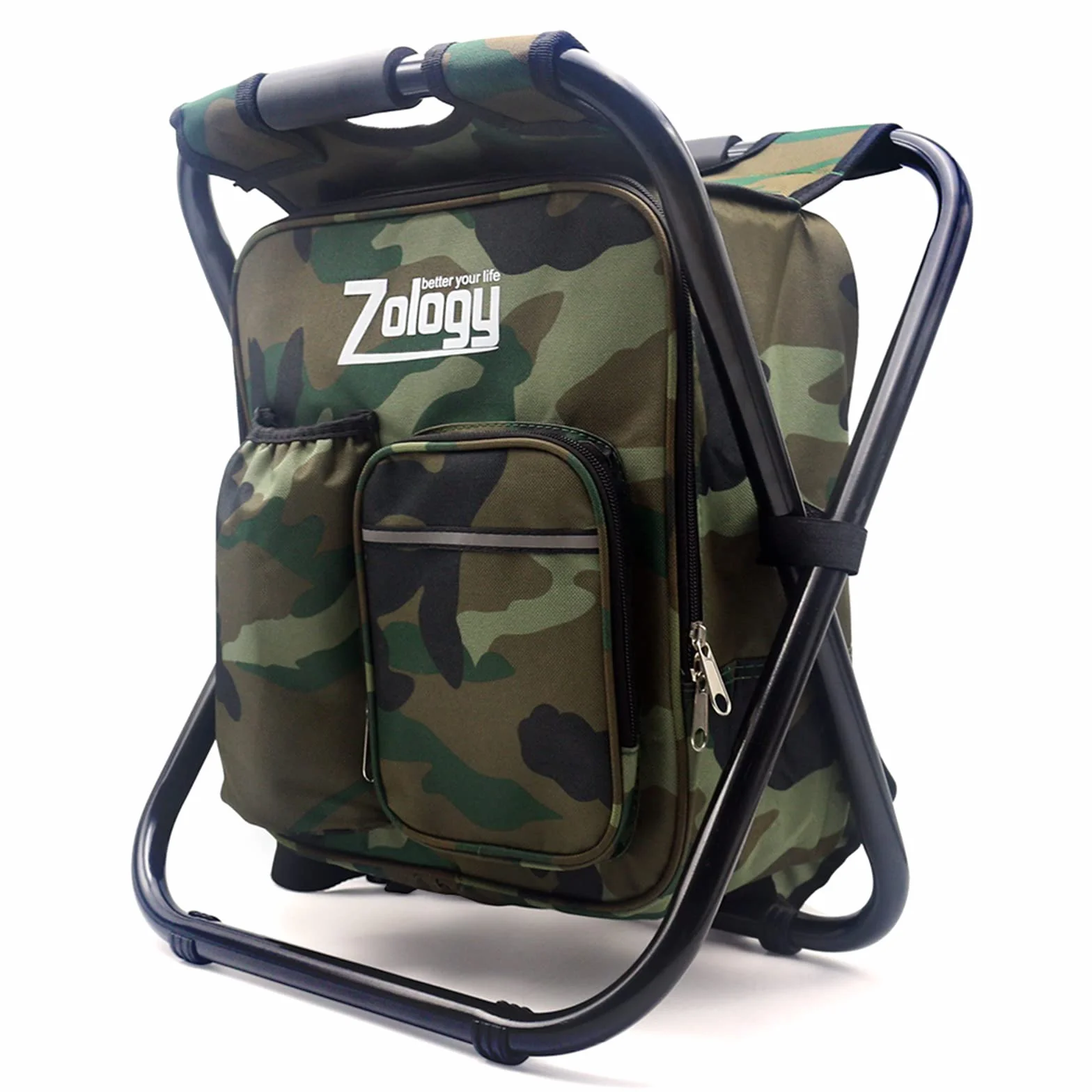 Pieghevole Sedia da Campeggio Sgabello Zaino con Borsa Picnic Isolato di Raffreddamento, Camouflage Portatile Escursionismo Seggiolone da Tavolo per Outdoor Pesca al Coperto Viaggio Beach BBQ