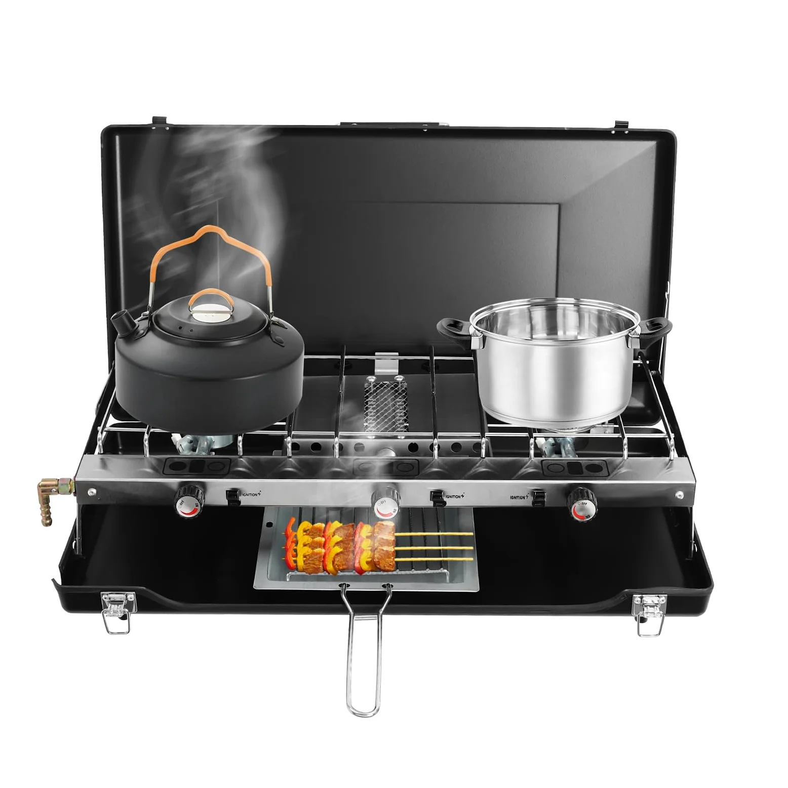 Fornello da campeggio pieghevole, fornello a gas da campeggio con 3 bruciatori e accensione piezoelettrica, 4500 W, per esterni, barbecue, picnic