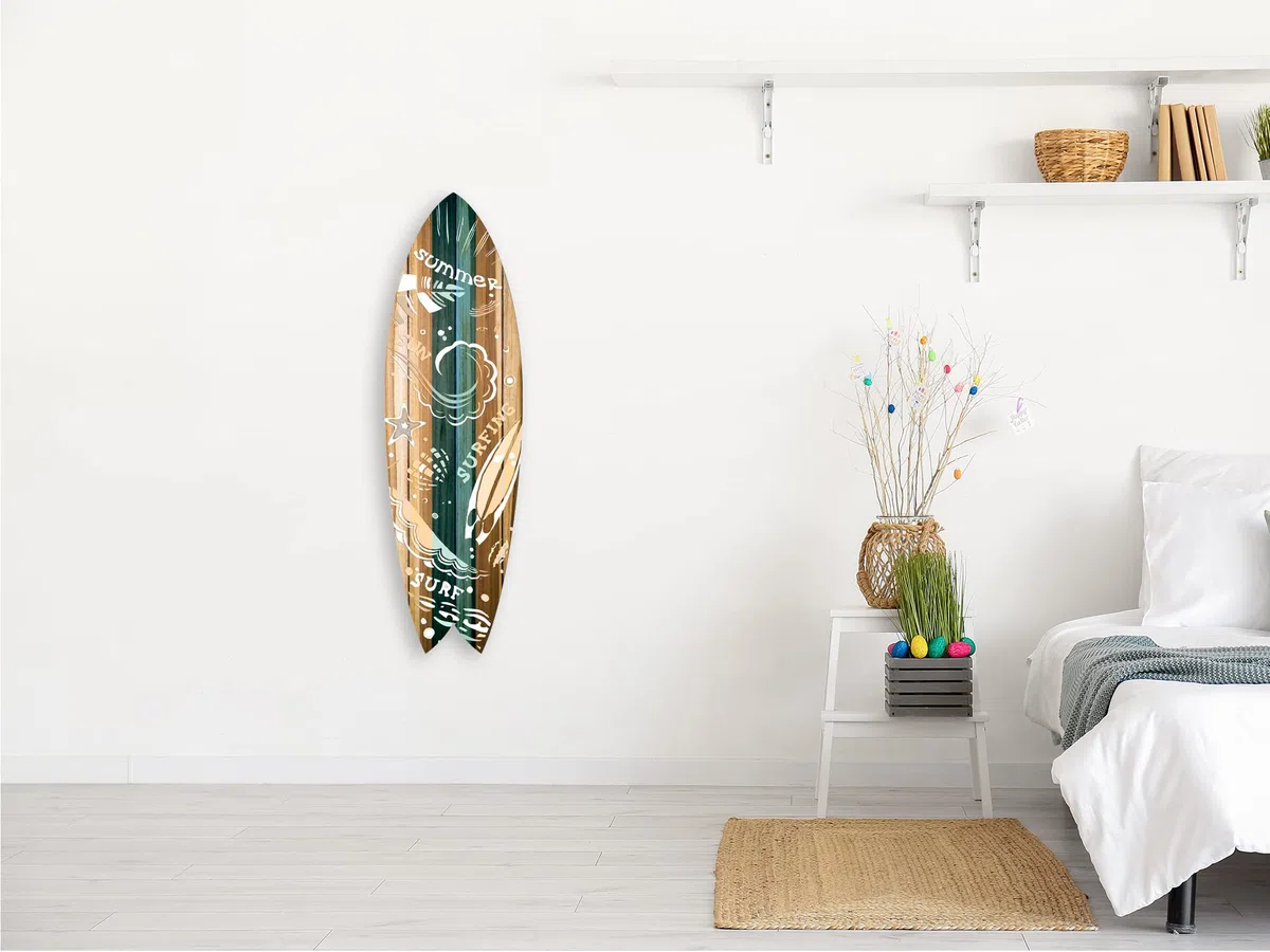 DECLINA, Decorazione da parete, tavola da surf, decorazione surf, stampa su alluminio, tavola da surf decorativa Summer Surfing, 100 x 30 cm