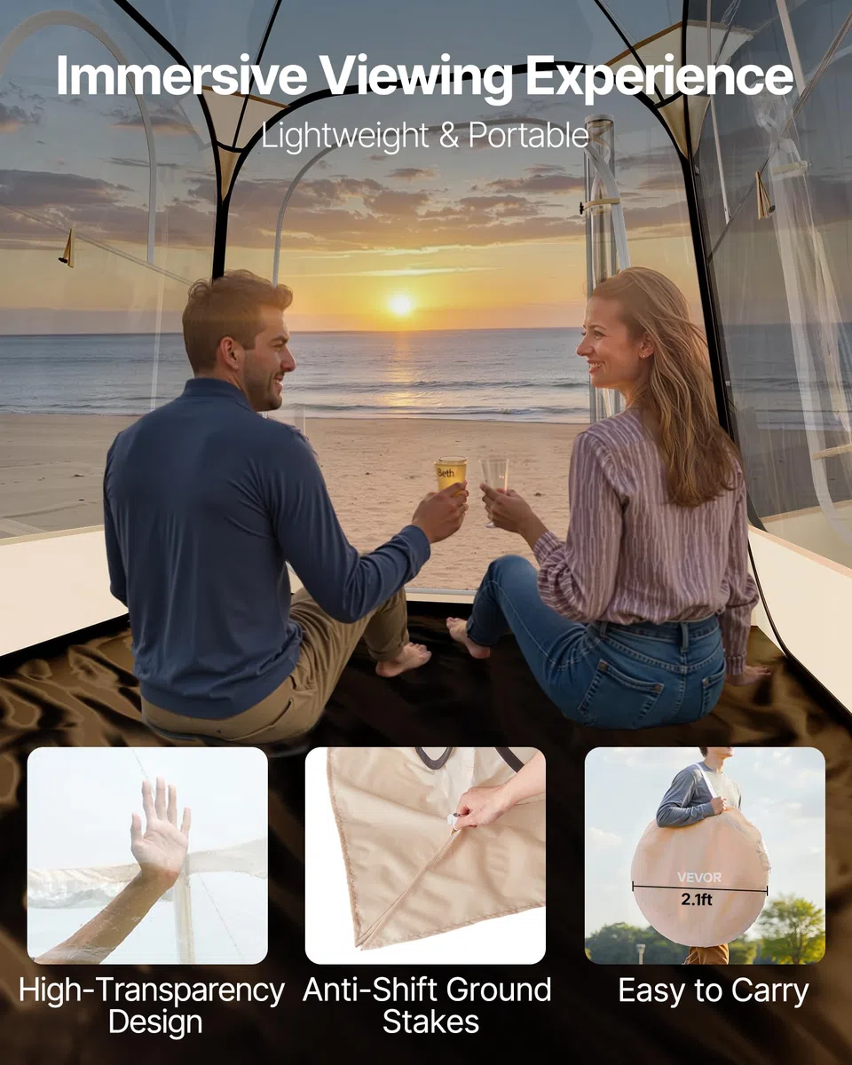 VEVOR Tenda Sportiva Pop-Up, a Bolle Trasparente da 160 x 160 cm per 2 a 4 Persone, Capsula Impermeabile per Esterni con Tappetino e Copertura Superiore, Tenda a Cupola Igloo da Giardino